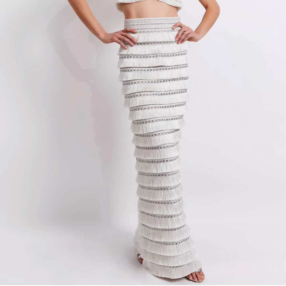 Patbo Metallic Fringe Maxi Skirt in Silver